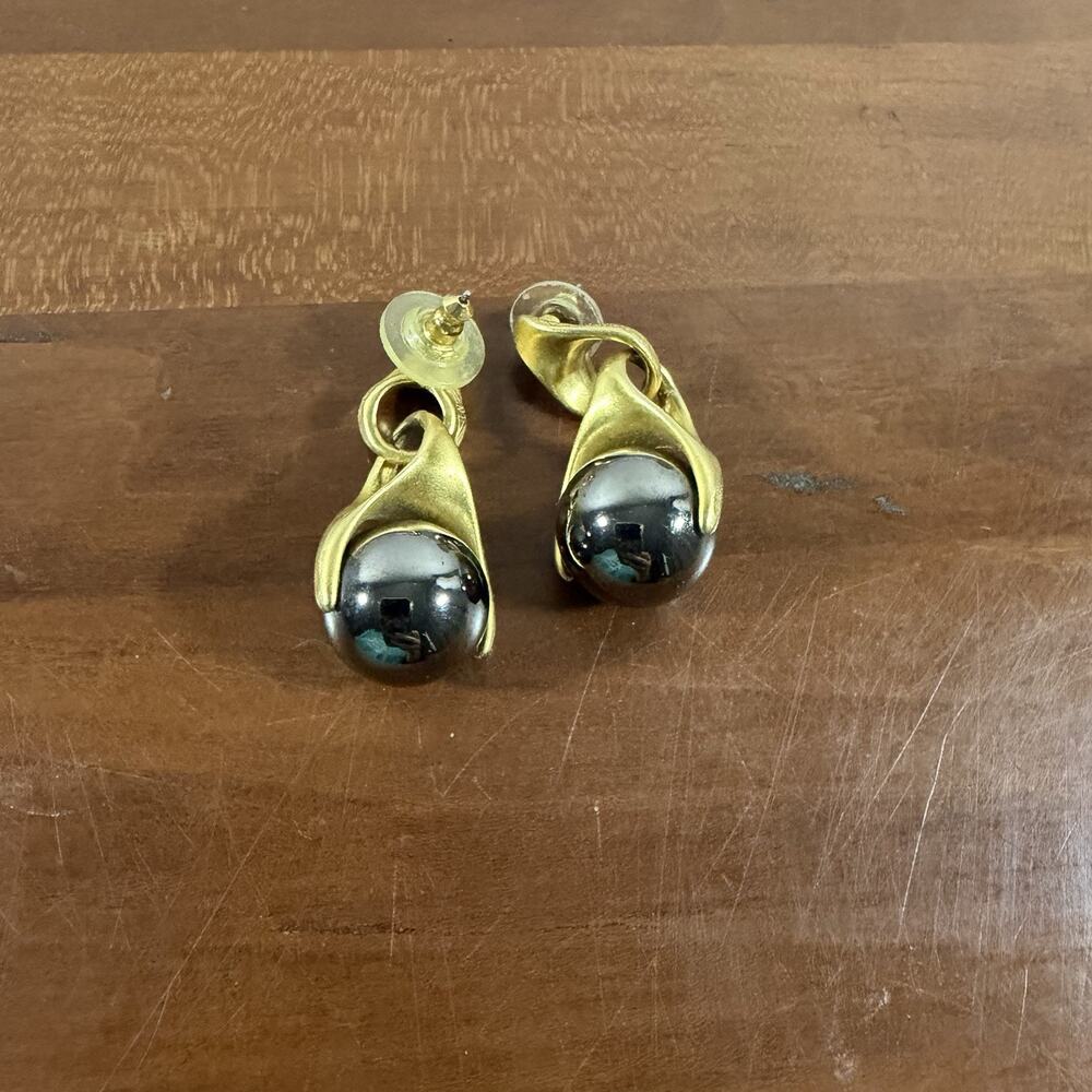 Vintage Style Gold Tone Pewter Ball Stud Dangle Earrings Grannycore Classic